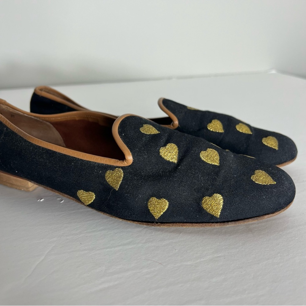 Zalo Smoking Slippers Loafers Flats Black Gold Hearts Size 10 - Picture 9 of 12